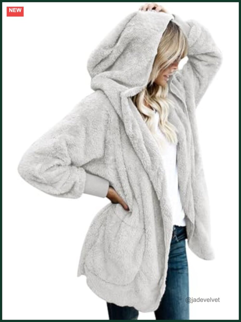Women's Fuzzy Hooded Open Front Sherpa Fleece Cardigan Coat with Pockets